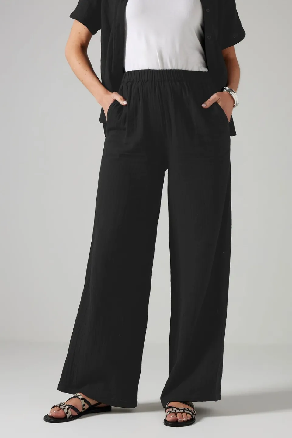 Trousers>Long Tall Sally Black Cotton Cheescloth Wide Leg Trousers