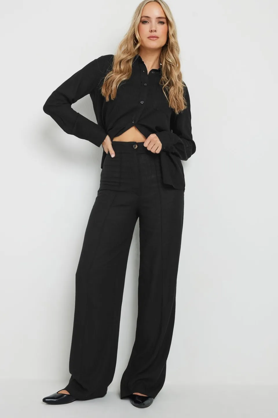 Trousers>Long Tall Sally Black Linen Pleated Wide Leg Trousers
