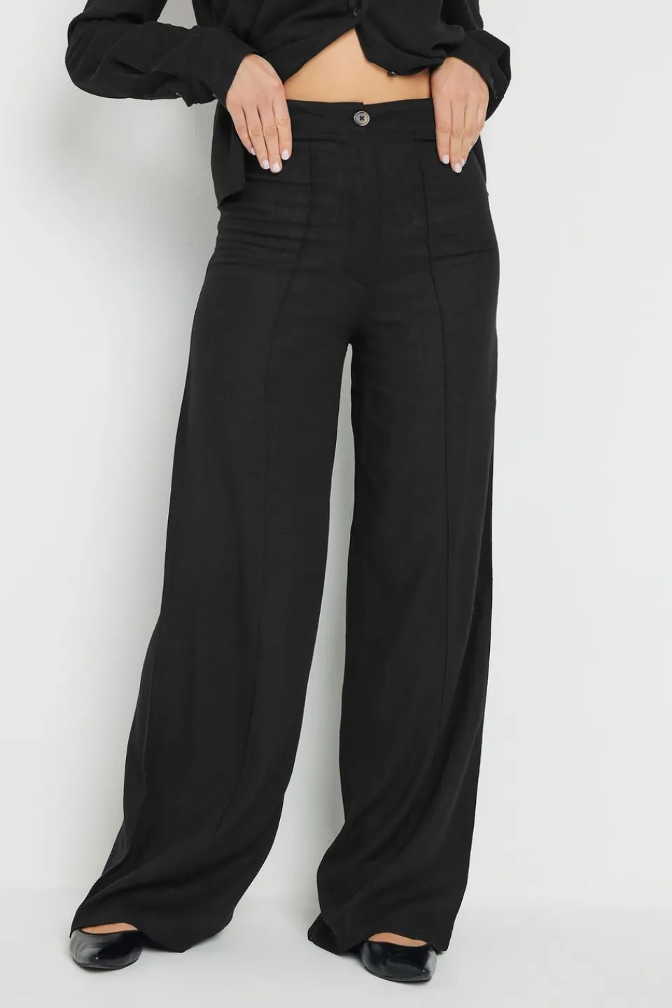 Trousers>Long Tall Sally Black Linen Pleated Wide Leg Trousers
