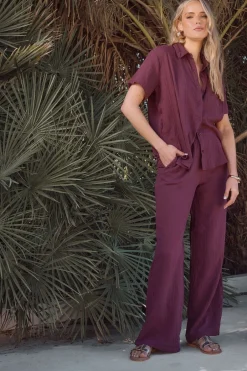 Trousers>Long Tall Sally Dark Red Cotton Cheescloth Wide Leg Trousers