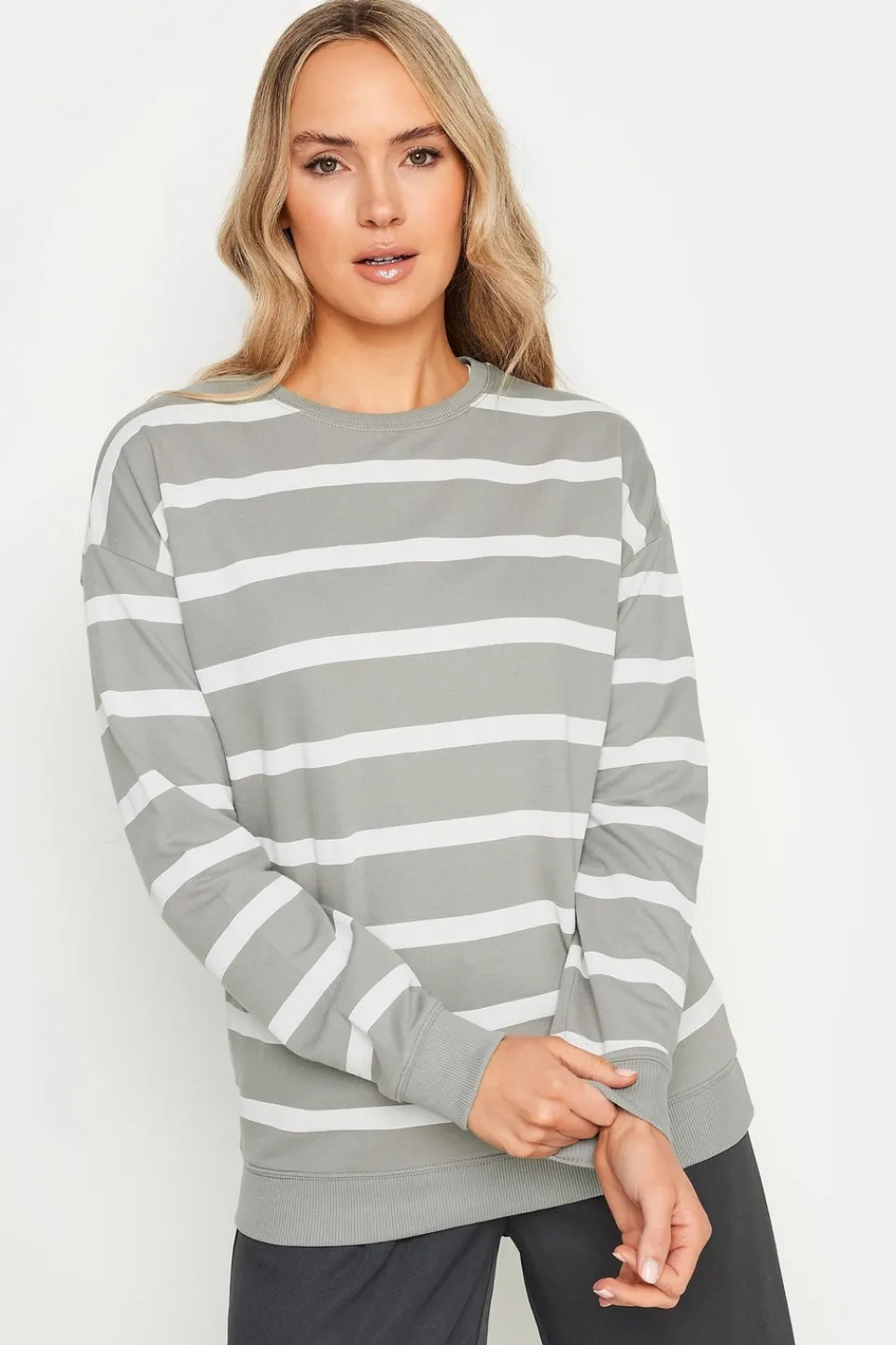 Tops>Long Tall Sally Grey Crew Neck Stripe Sweatshirt