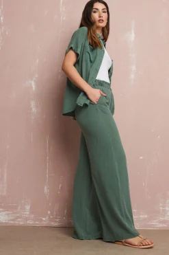 Trousers>Long Tall Sally Khaki Green Acid Wash Wide Leg Trousers