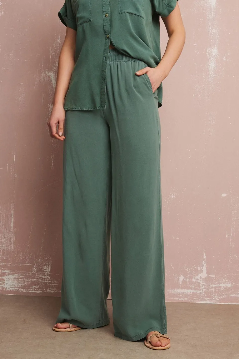 Trousers>Long Tall Sally Khaki Green Acid Wash Wide Leg Trousers