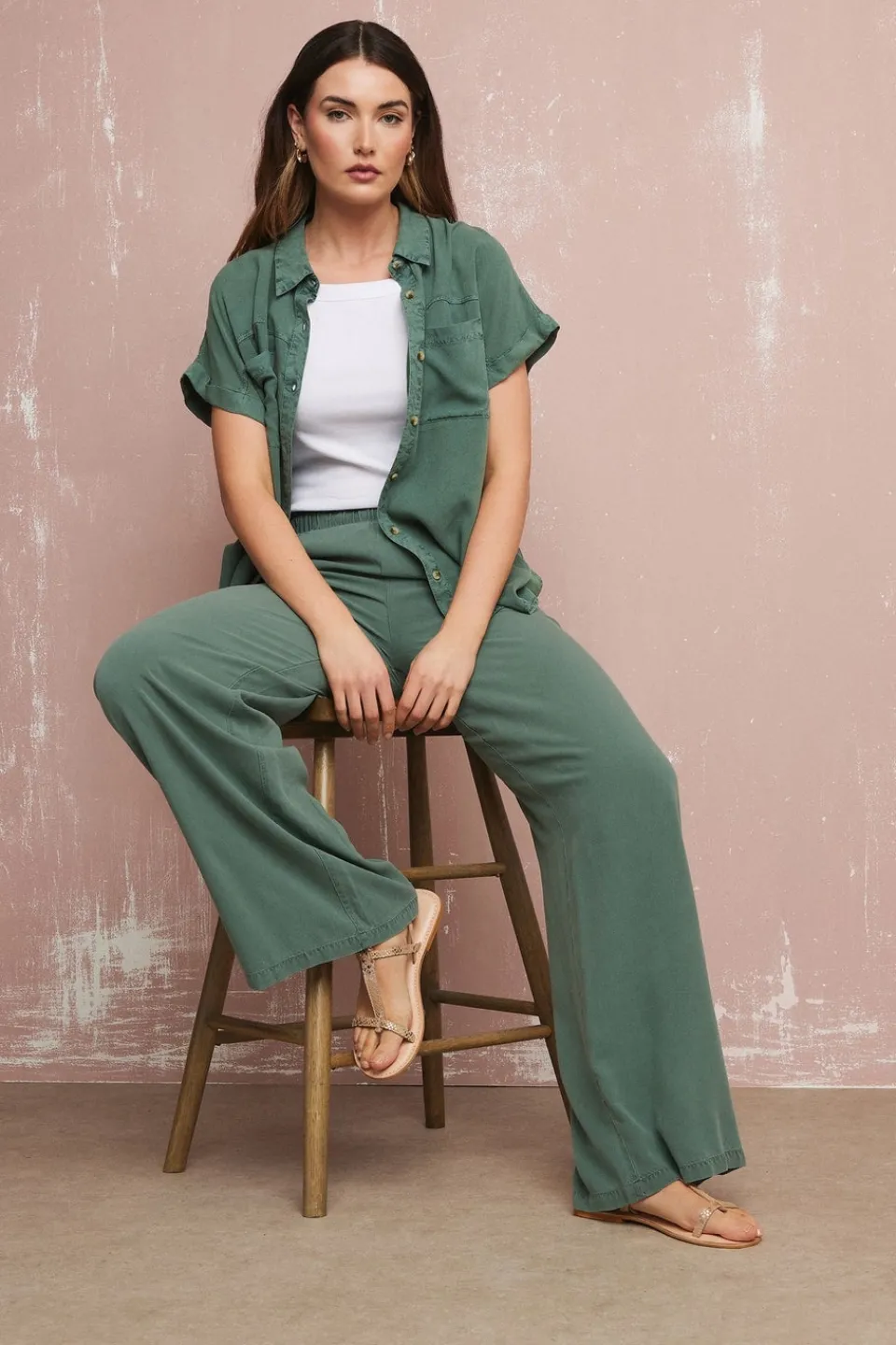 Trousers>Long Tall Sally Khaki Green Acid Wash Wide Leg Trousers