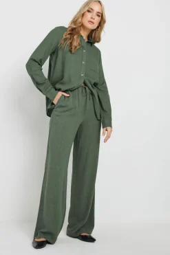 Trousers>Long Tall Sally Khaki Green Linen Tie Waist Trousers