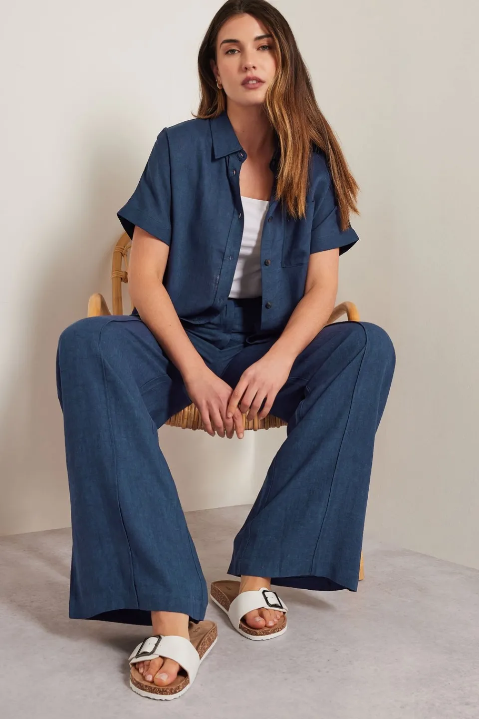 Trousers>Long Tall Sally Navy Blue Linen Pleated Wide Leg Trousers