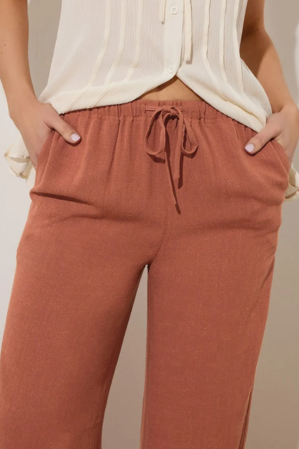 Trousers>Long Tall Sally Rust Orange Linen Tie Waist Trousers