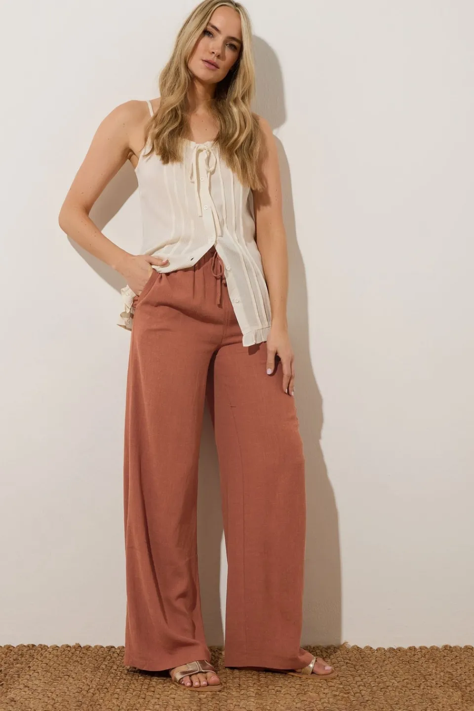 Trousers>Long Tall Sally Rust Orange Linen Tie Waist Trousers