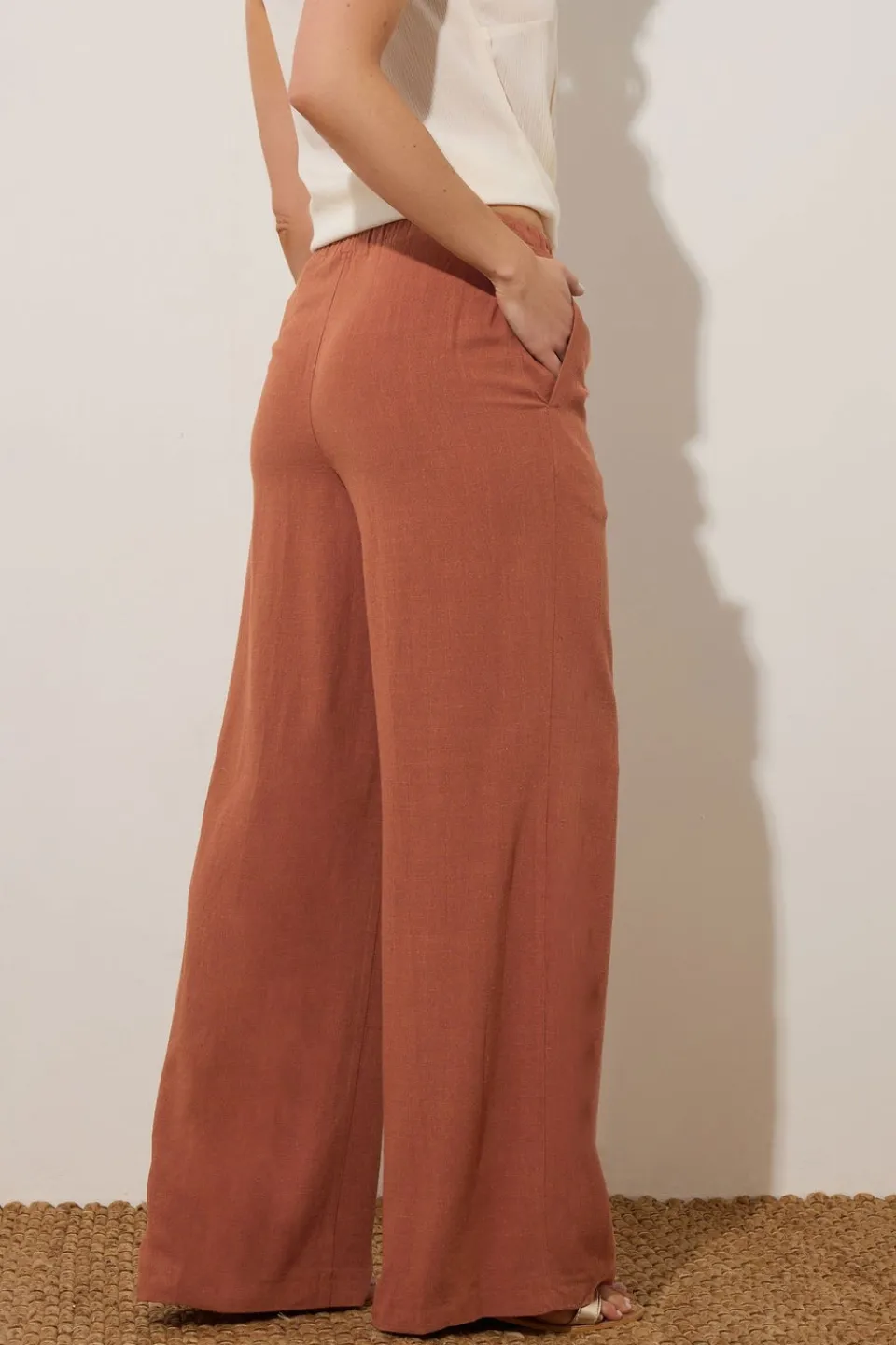 Trousers>Long Tall Sally Rust Orange Linen Tie Waist Trousers