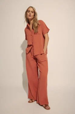Trousers>Long Tall Sally Rust Orange Cotton Cheescloth Wide Leg Trousers