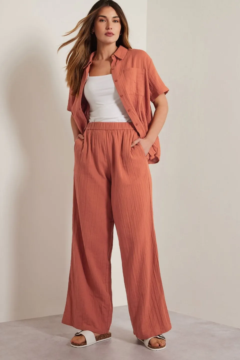 Trousers>Long Tall Sally Rust Orange Cotton Cheescloth Wide Leg Trousers