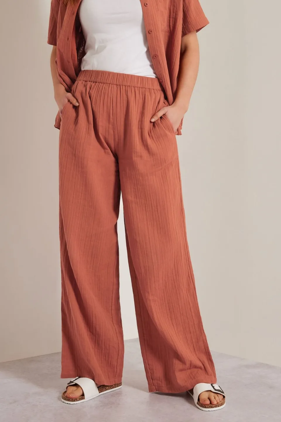 Trousers>Long Tall Sally Rust Orange Cotton Cheescloth Wide Leg Trousers