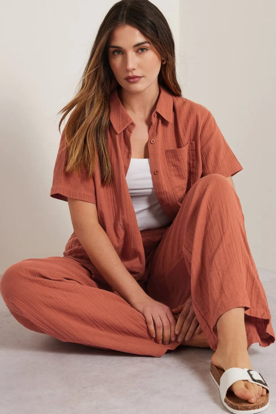 Trousers>Long Tall Sally Rust Orange Cotton Cheescloth Wide Leg Trousers