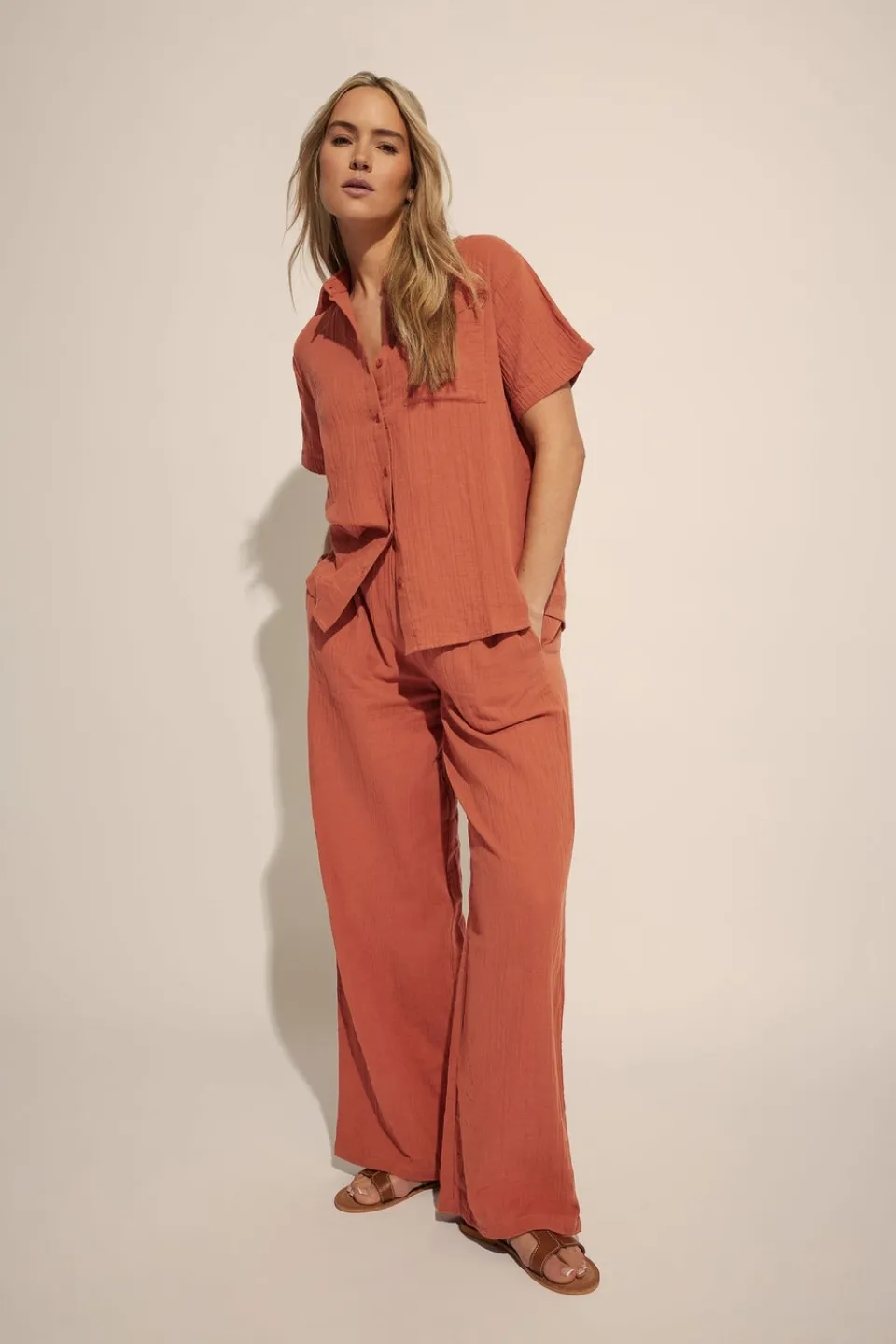 Trousers>Long Tall Sally Rust Orange Cotton Cheescloth Wide Leg Trousers