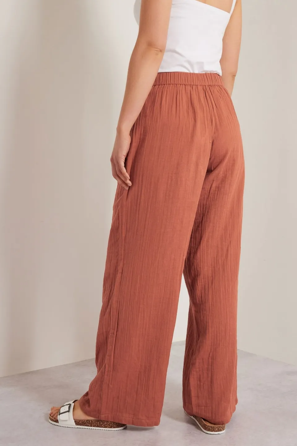 Trousers>Long Tall Sally Rust Orange Cotton Cheescloth Wide Leg Trousers