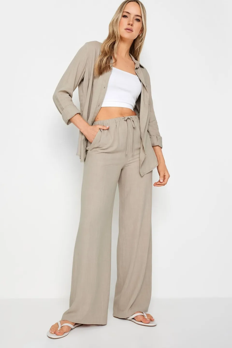 Trousers>Long Tall Sally Stone Brown Linen Tie Waist Wide Leg Trousers