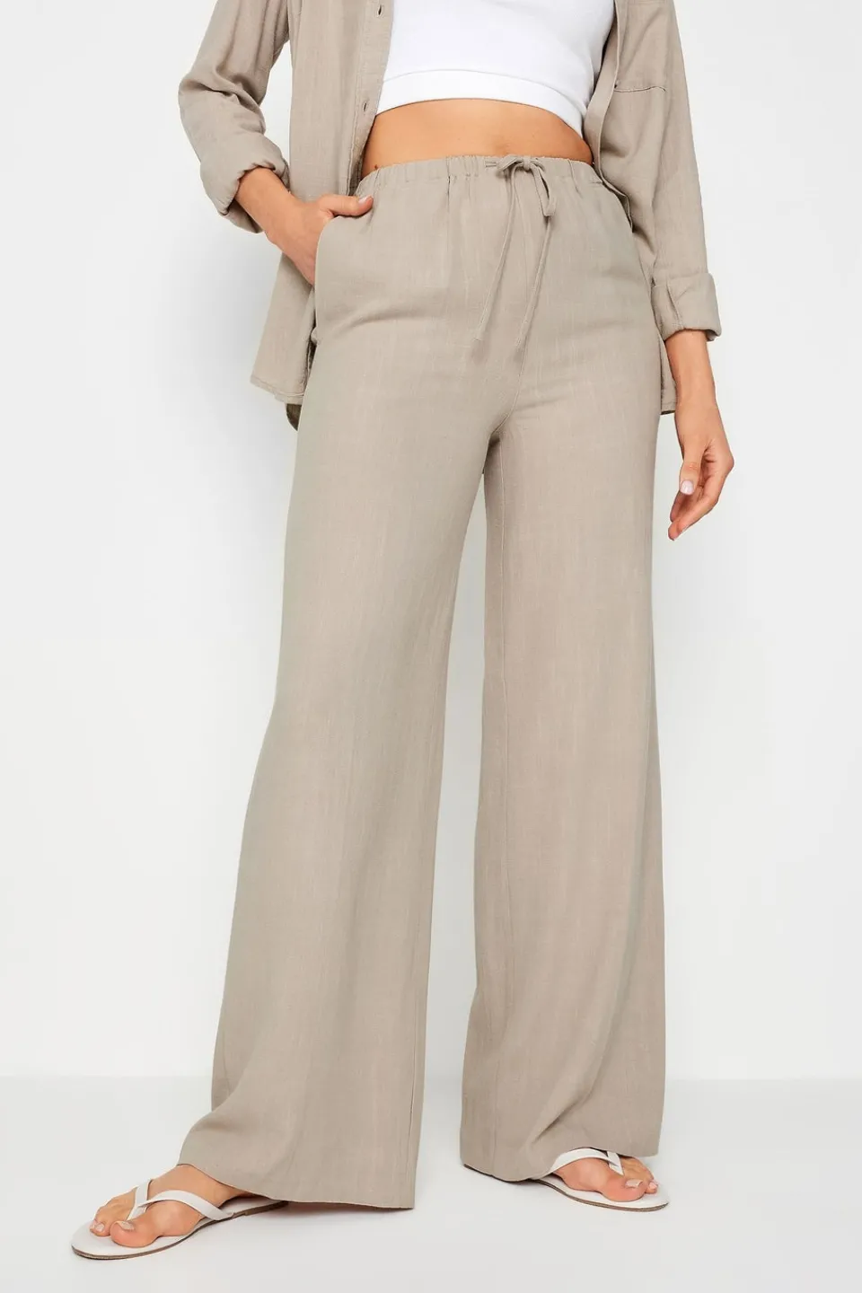 Trousers>Long Tall Sally Stone Brown Linen Tie Waist Wide Leg Trousers