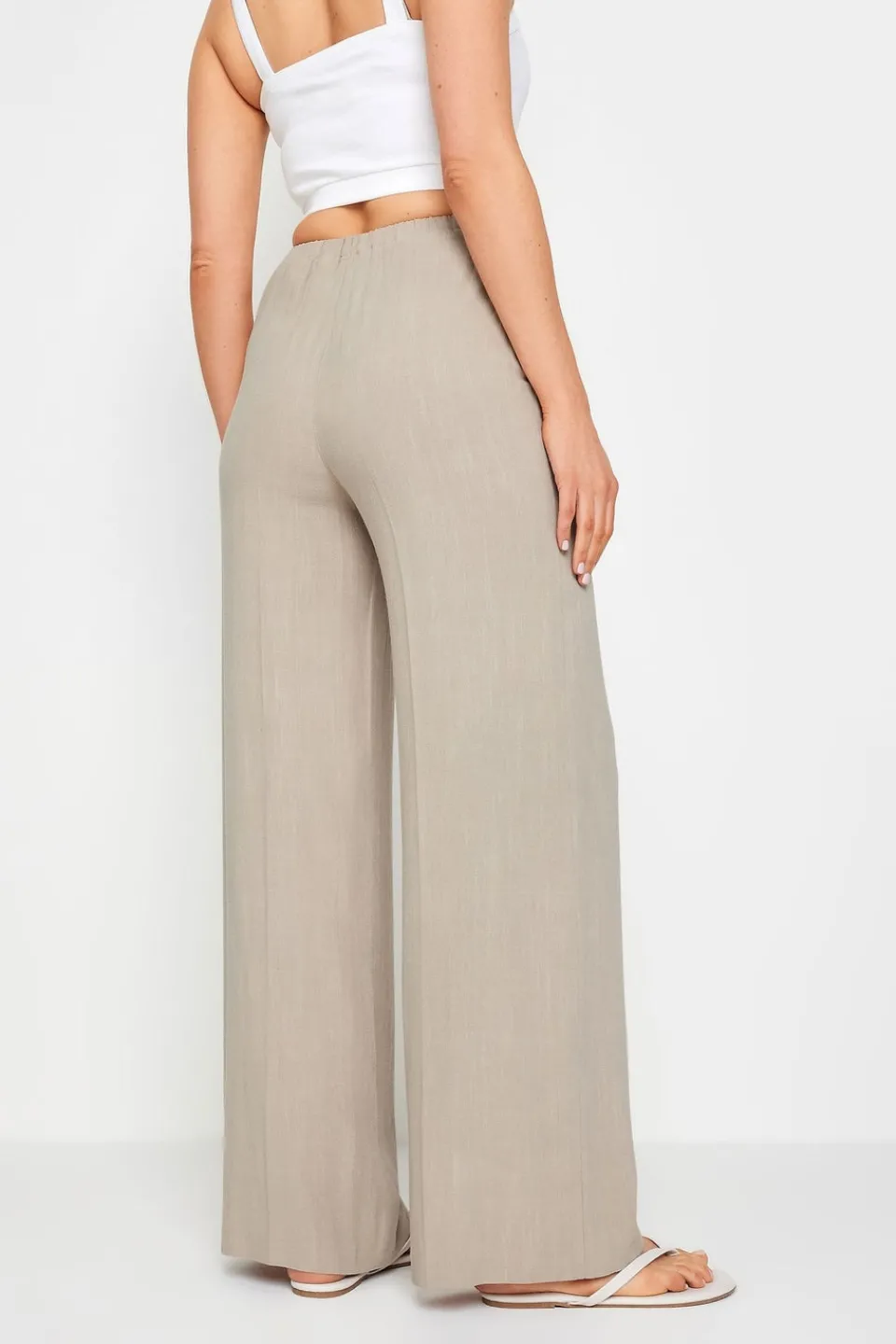 Trousers>Long Tall Sally Stone Brown Linen Tie Waist Wide Leg Trousers