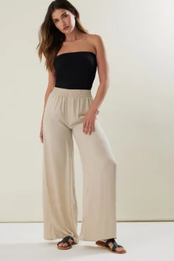 Trousers>Long Tall Sally Stone Brown Matt Satin Wide Leg Trousers