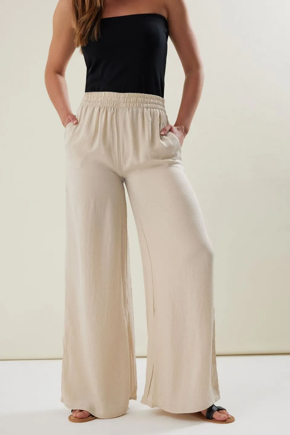 Trousers>Long Tall Sally Stone Brown Matt Satin Wide Leg Trousers