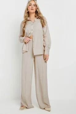 Trousers>Long Tall Sally Stone Brown Linen Pleated Wide Leg Trousers