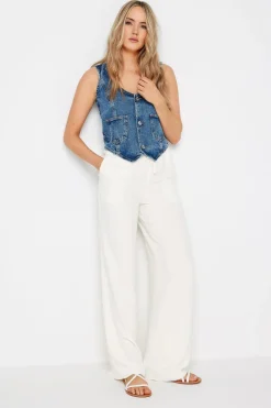 Trousers>Long Tall Sally White Linen Tie Waist Wide Leg Trousers