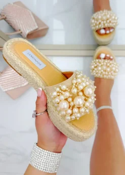 Footwear>Love Lemonade Beige Sparkly Deluxe Pretty Pearl Platform Sliders