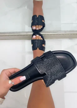 Footwear>Love Lemonade Black Crystal Lush Halo Sliders