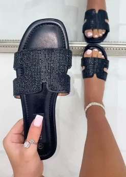 Footwear>Love Lemonade Black Crystal Lush Halo Sliders