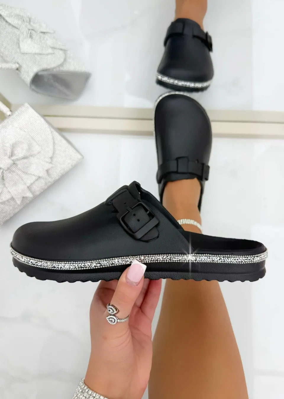 Footwear>Love Lemonade Black Crystal Trim Luxe Lightweight Clogs