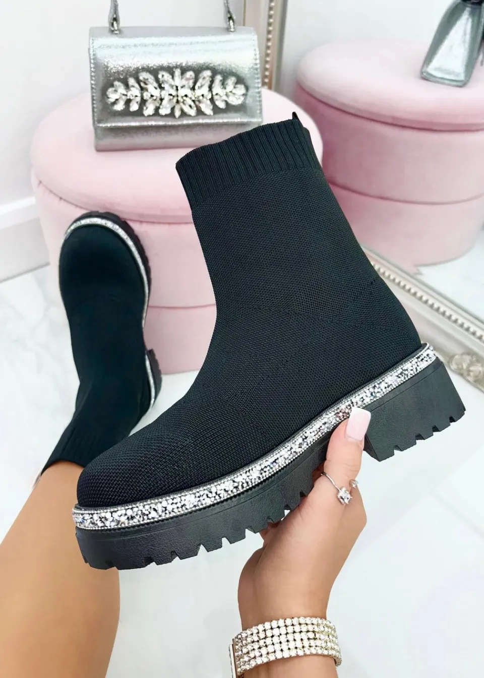 Footwear>Love Lemonade Black Sparkly Stretch Chunky Sock Boots
