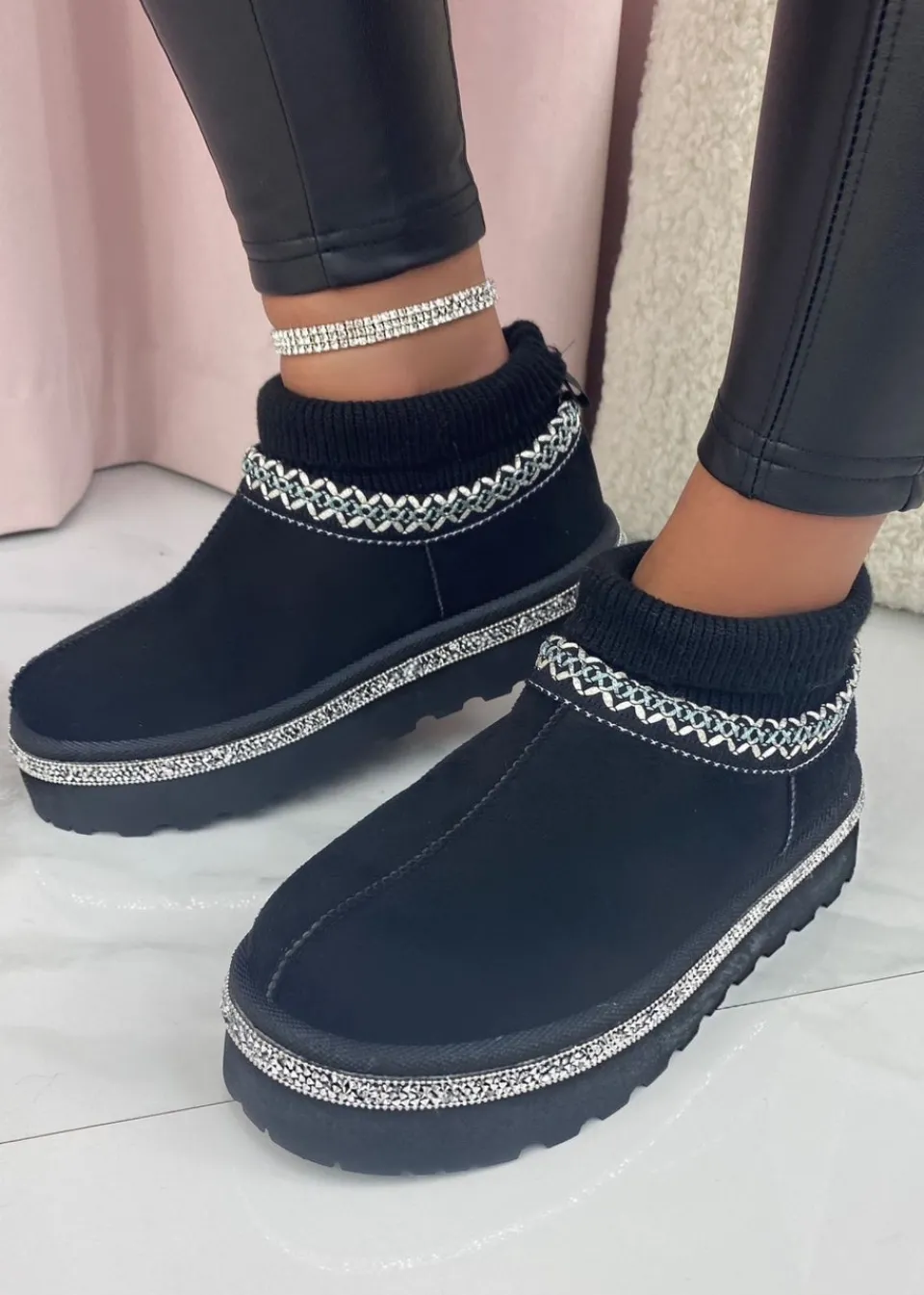 Footwear>Love Lemonade Black Sparkly Stretch Warmer Mini Snugg Boots