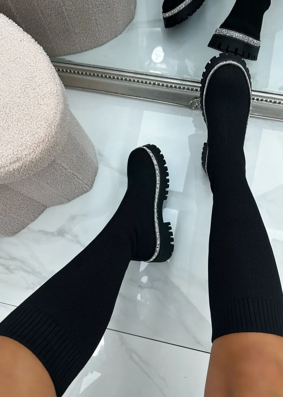Footwear>Love Lemonade Black Sparkly Calf Stretch Sock Boots