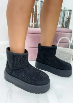 Footwear>Love Lemonade Black Sparkly Rhinestone Snugg Mini Boots
