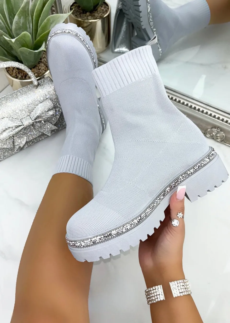 Footwear>Love Lemonade Grey Sparkly Stretch Chunky Sock Boots