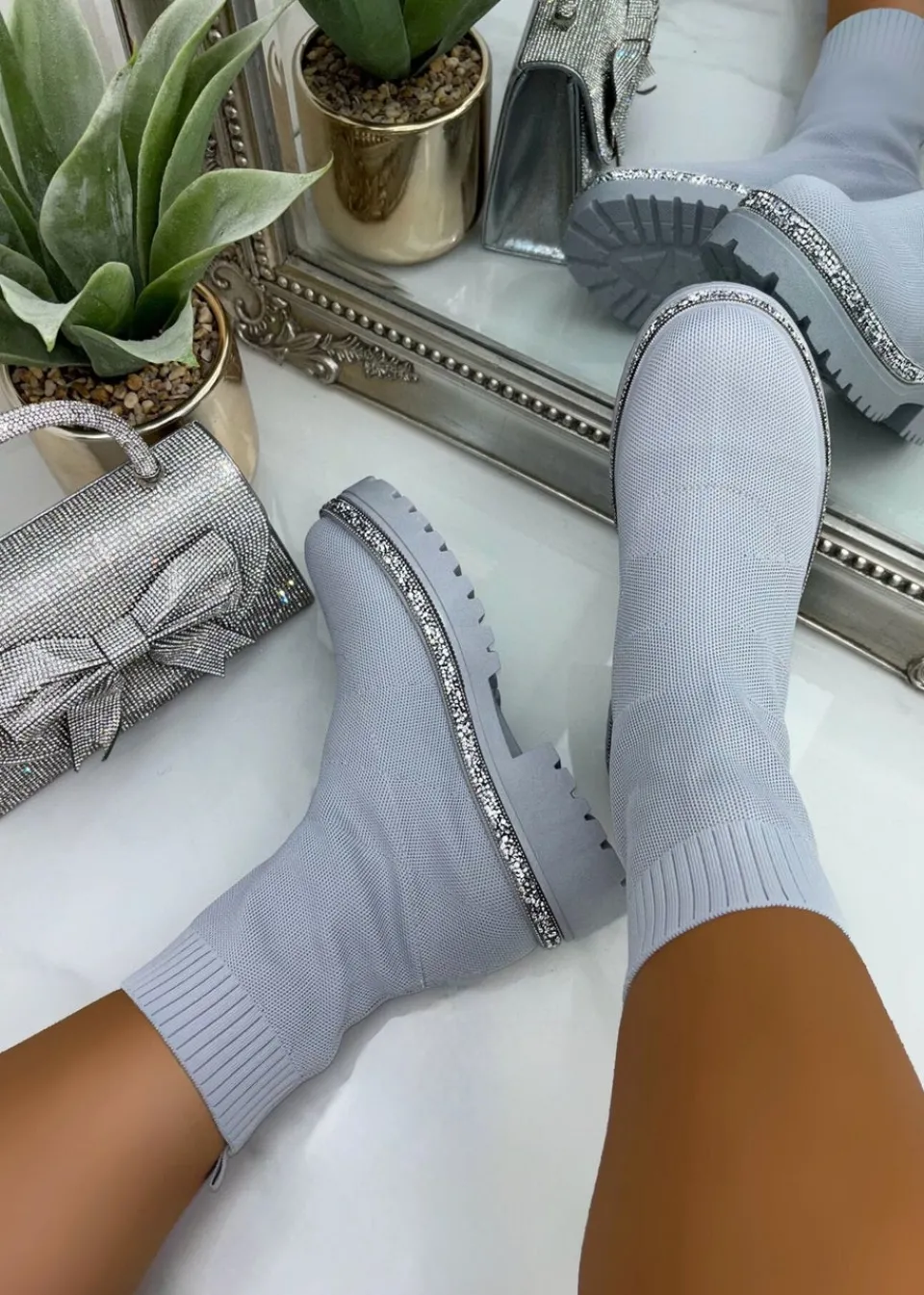 Footwear>Love Lemonade Grey Sparkly Stretch Chunky Sock Boots