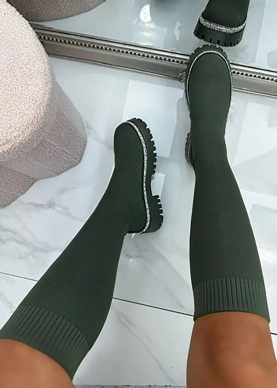 Footwear>Love Lemonade Khaki Sparkly Calf Stretch Sock Boots