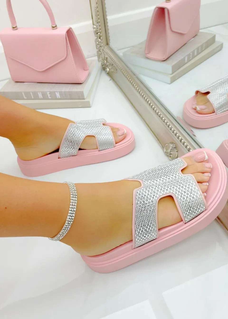 Footwear>Love Lemonade Pink Crystal Embellished Horizon Sliders