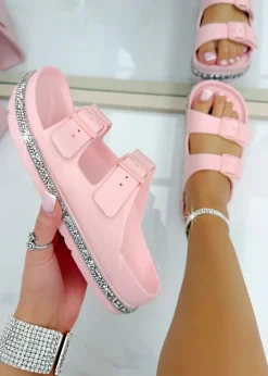 Footwear>Love Lemonade Pink Crystal Trim Lightweight Double Strap Sliders