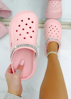 Footwear>Love Lemonade Pink Crystal Strap Platform Crox Clogs