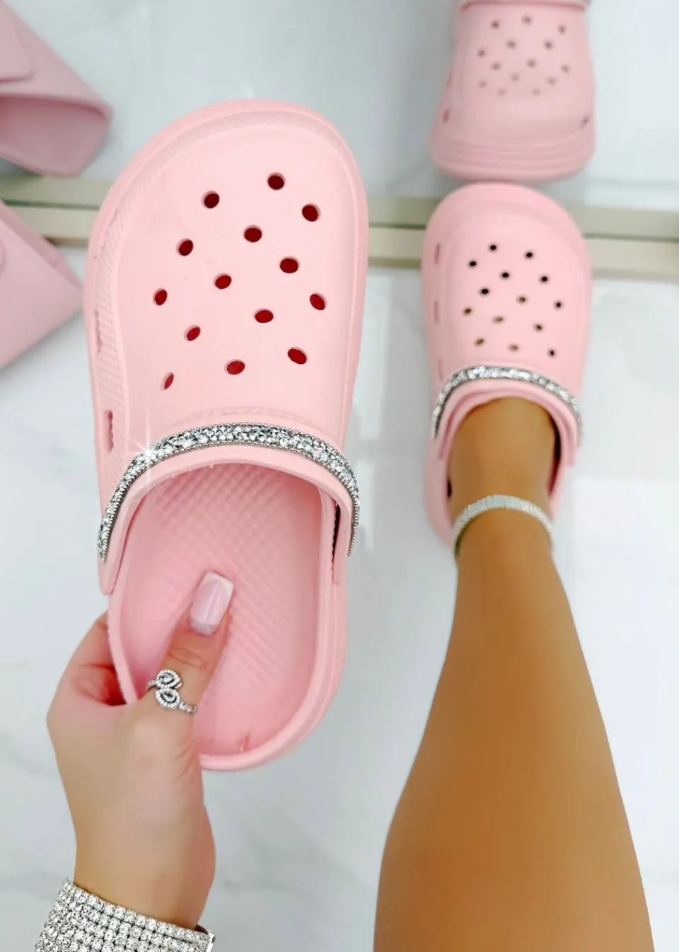 Footwear>Love Lemonade Pink Crystal Strap Platform Crox Clogs