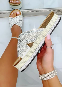 Footwear>Love Lemonade Silver Crystal Shimmer Wedge Sliders