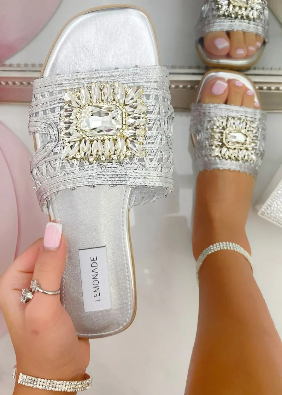 Footwear>Love Lemonade Silver Crystal Bloom Sliders