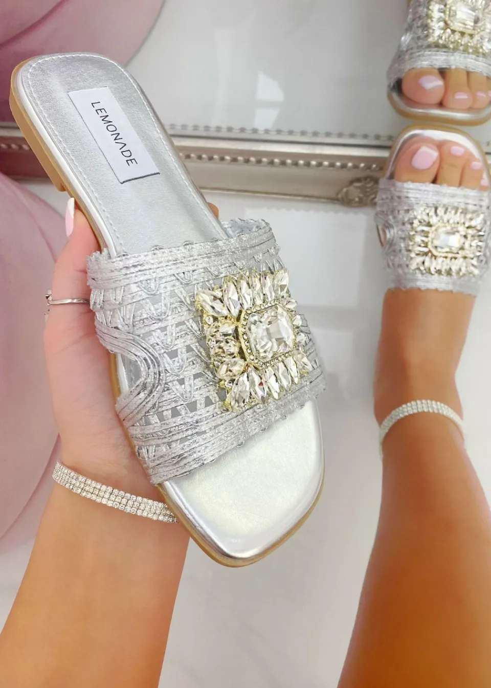 Footwear>Love Lemonade Silver Crystal Bloom Sliders