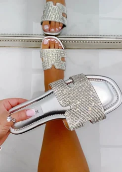 Footwear>Love Lemonade Silver Crystal Lush Halo Sliders