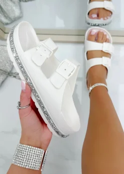 Footwear>Love Lemonade White Crystal Trim Lightweight Double Strap Sliders