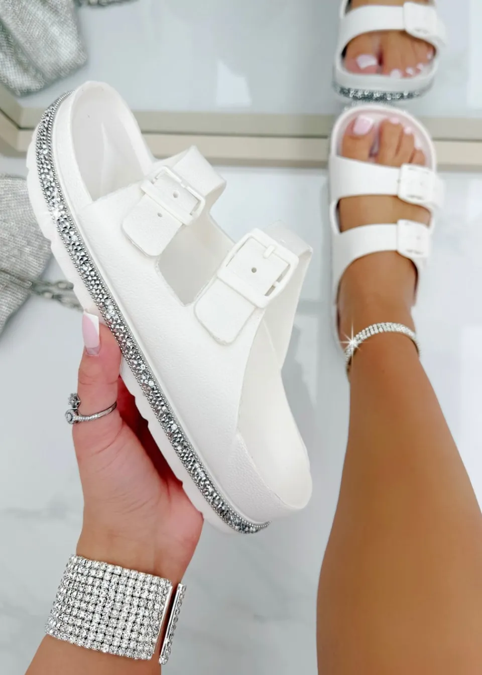 Footwear>Love Lemonade White Crystal Trim Lightweight Double Strap Sliders