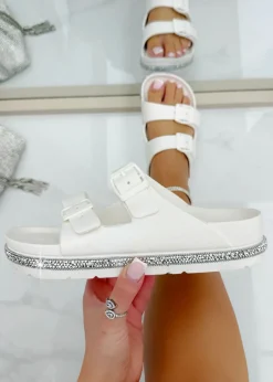 Footwear>Love Lemonade White Crystal Trim Lightweight Double Strap Sliders