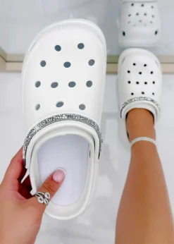 Footwear>Love Lemonade White Crystal Strap Platform Crox Clogs