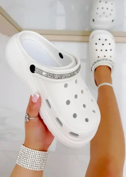 Footwear>Love Lemonade White Crystal Strap Platform Crox Clogs